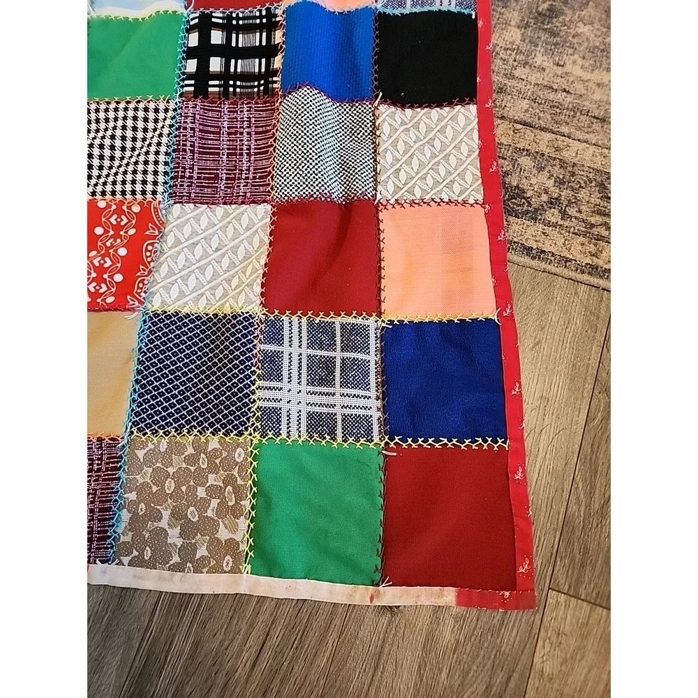 Vtg 60s 70s Patchwork squares Quilt Handmade Colorful Blanket 90